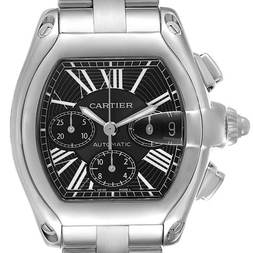 The image shows a front view of the Cartier Roadster W62020X6 Men's Stainless Steel Black Dial W62020X6 Men's Stainless Steel Black Dial watch, displaying its dial, bezel, and bracelet.