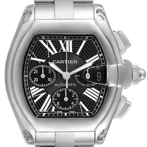 This image shows a front view of the Cartier Roadster W62020X6 Men's Stainless Steel Black Dial W62020X6 Men's Stainless Steel Black Dial model watch, highlighting its dial, crown, and chronograph sub-dials.