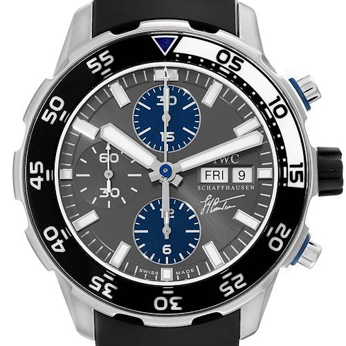 The image shows a frontal view of an IWC Aquatimer IW376706 Men's Stainless Steel Grey Dial IW376706 Men's Stainless Steel Grey Dial watch, highlighting its face, bezel, and chronograph subdials.