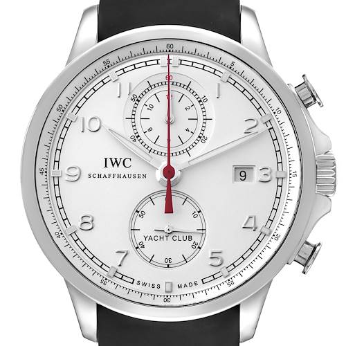 This image shows a front view of an IWC Portuguese IW390211 Men's Stainless Steel Silver Dial IW390211 Men's Stainless Steel Silver Dial Yacht Club watch, featuring the face, crown, and strap.