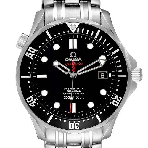 The image shows a front-facing view of an Omega Seamaster 212.30.41.20.01.001 Men's Stainless Steel Black Dial 212.30.41.20.01.001 Men's Stainless Steel Black Dial watch, highlighting the dial, bezel, bracelet, and crown.