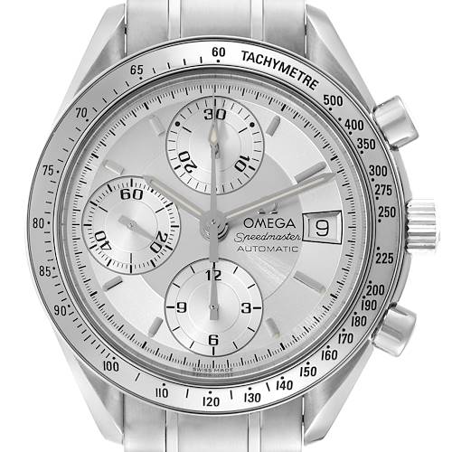 The Omega Speedmaster 3513.30.00 Men's Stainless Steel Silver Dial 3513.30.00 Men's Stainless Steel Silver Dial watch is shown from a front angle, showcasing its dial, bezel, chronograph subdials, date display, and crown.