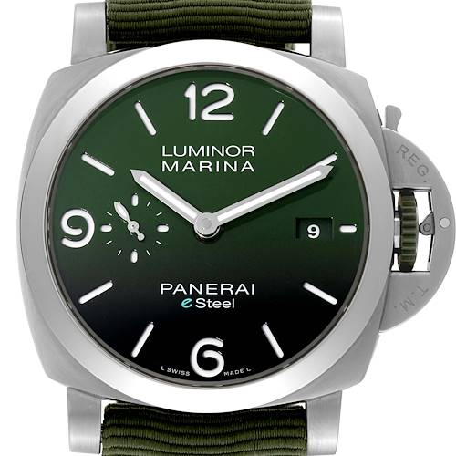 The image shows a front view of the Panerai Luminor PAM01356 Men's Stainless Steel Green Dial PAM01356 Men's Stainless Steel Green Dial Marina watch, including its green dial, hour markers, hands, date window, and crown guard.