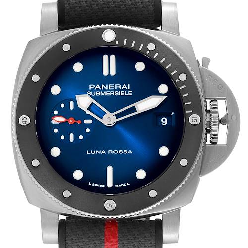 The image shows a front view of the Panerai Submersible PAM01565 Men's Stainless Steel Blue Dial PAM01565 Men's Stainless Steel Blue Dial model watch, highlighting the dial, bezel, and crown guard.