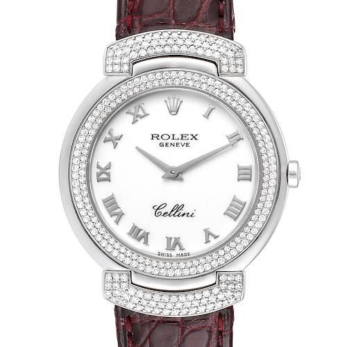 This image shows the front view of the Rolex Cellini 6683/9 Women's White Gold White Dial 6683/9 Women's White Gold White Dial watch, highlighting its dial, bezel, and leather strap.