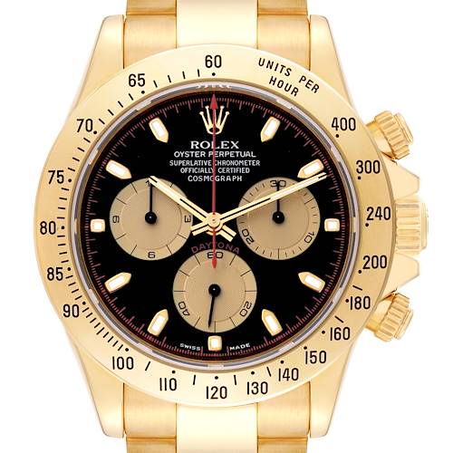 This image shows a front view of a Rolex Daytona 116528 Men's Yellow Gold Black Dial 116528 Men's Yellow Gold Black Dial watch, displaying its black dial, three subdials, and gold case and bracelet.