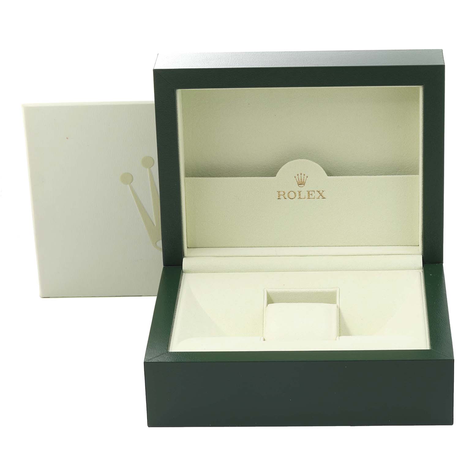 The image shows an empty open Rolex watch box for the Daytona model, featuring a green exterior and beige interior.