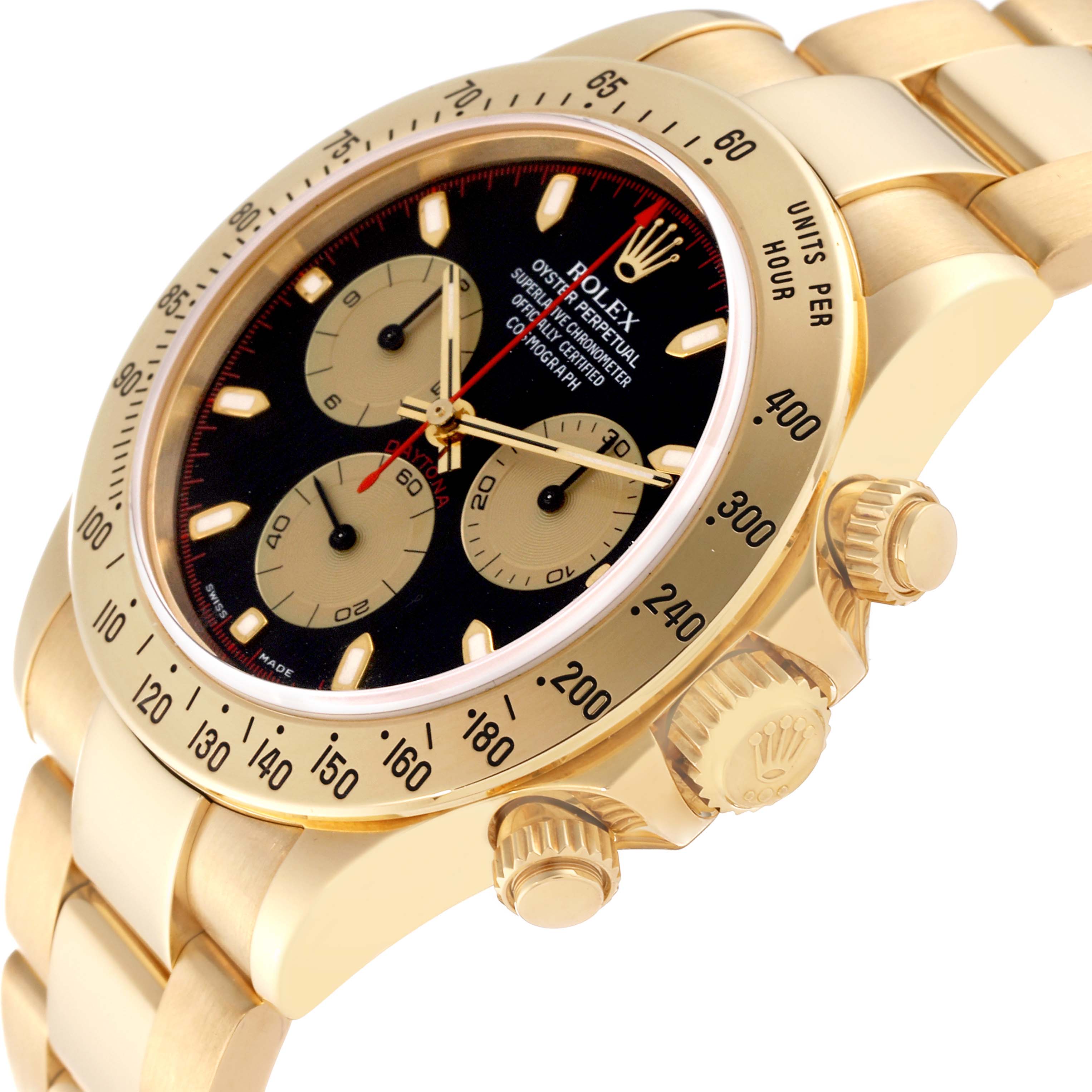The Rolex Daytona 116528 Men's Yellow Gold Black Dial 116528 Men's Yellow Gold Black Dial watch is shown at a slight angle, highlighting its bezel, face, crown, and chronograph pushers.