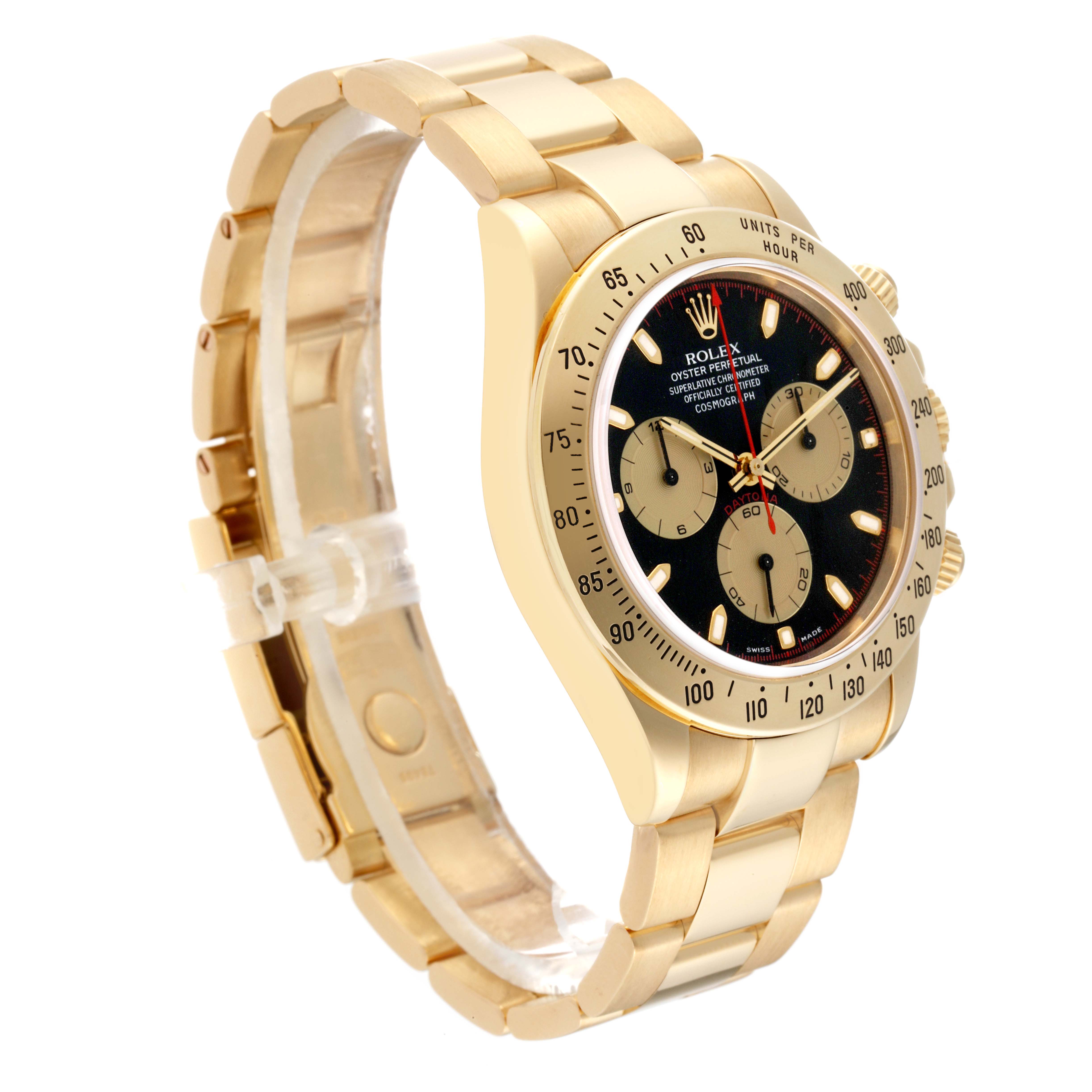 The image shows a side angle of a gold Rolex Daytona 116528 Men's Yellow Gold Black Dial 116528 Men's Yellow Gold Black Dial watch, highlighting its bracelet, bezel, and face with chronograph subdials.