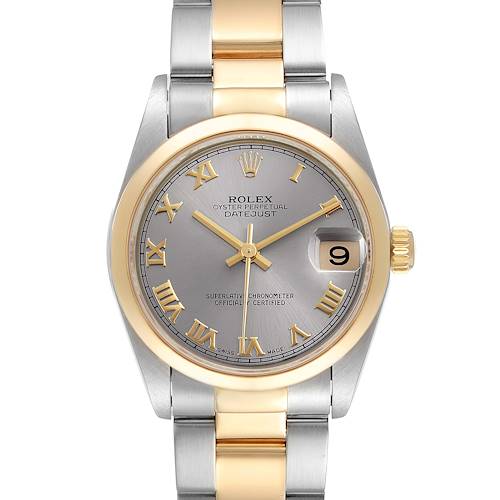 The image shows a front view of a Rolex Datejust Mid-Size watch with a two-tone metal bracelet and a gray dial featuring gold Roman numerals.