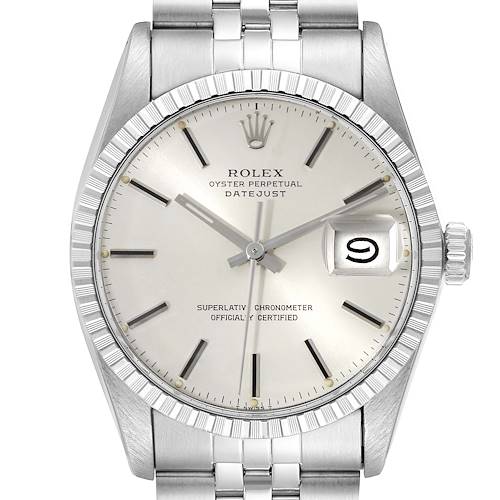 This image shows the Rolex Vintage Collection 16030 Men's Stainless Steel Silver Dial 16030 Men's Stainless Steel Silver Dial Datejust watch face, bezel, and part of the bracelet from the front angle.