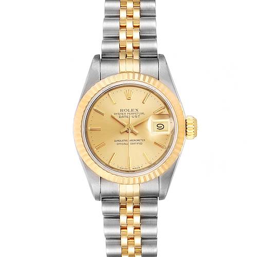 The image shows a front view of a Rolex Datejust 69173 Women's Steel and Gold (two tone) Champagne Dial 69173 Women's Steel and Gold (two tone) Champagne Dial watch, highlighting the dial, bezel, and two-tone bracelet.