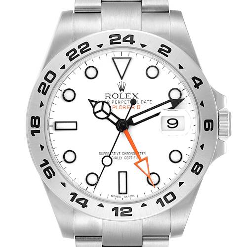 The Rolex Explorer model 216570 is shown head-on, displaying the dial, hands, bezel, date window, crown, and part of the bracelet.