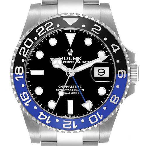 The image shows a frontal view of the Rolex GMT-Master II, model number 126710, displaying its black and blue bezel, black dial, and date window.