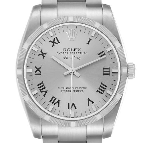 The image shows a head-on view of a Rolex Air-King model 114210, displaying the dial, bezel, crown, and part of the bracelet.