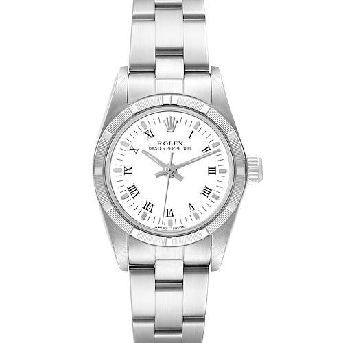 This image shows a front view of a Rolex Oyster Perpetual 76030 Women's Stainless Steel White Dial 76030 Women's Stainless Steel White Dial watch, displaying its face, bezel, and stainless steel bracelet.