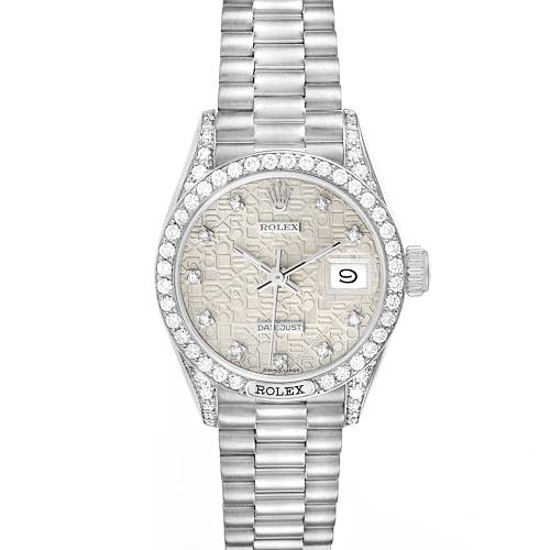 The image shows a front view of the Rolex President 69159 Women's White Gold Silver Dial 69159 Women's White Gold Silver Dial model watch featuring a diamond-set bezel and bracelet.