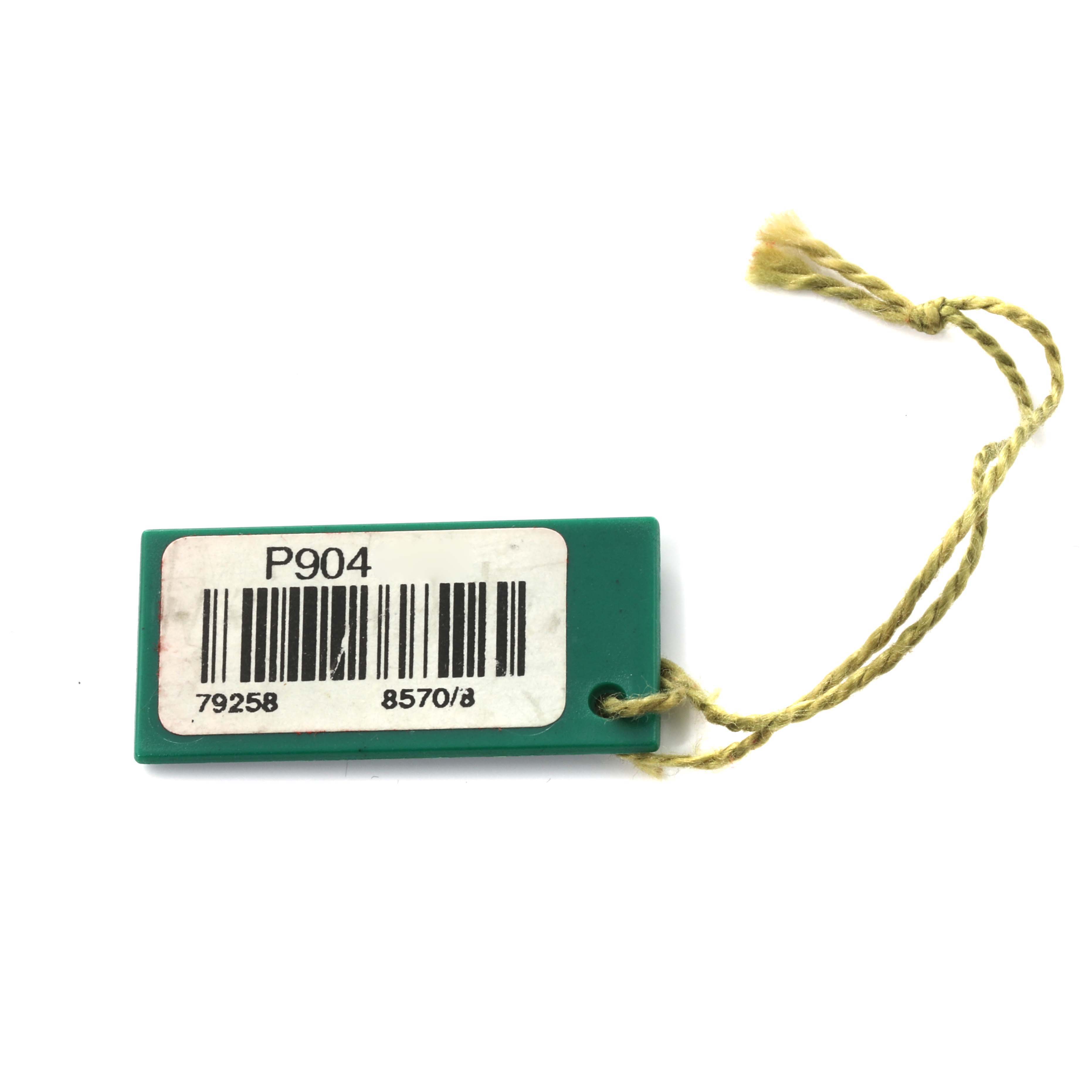 This image shows a green tag with a string attached, labeled P904 with barcodes, likely an accessory for the Rolex President 79258 Women's Yellow Gold Mother of Pearl Dial 79258 Women's Yellow Gold Mother of Pearl Dial model watch.