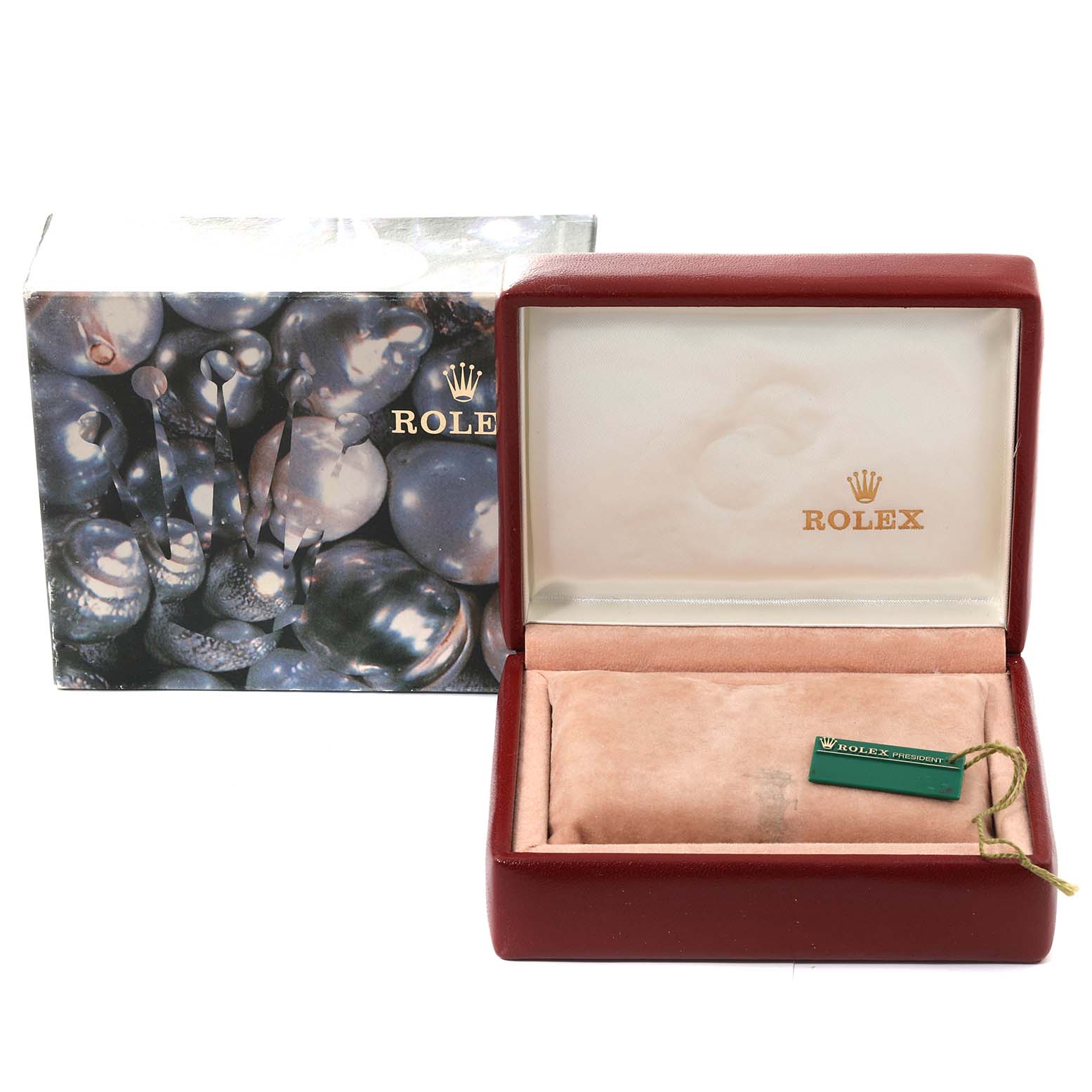 The image shows an open Rolex President 79258 Women's Yellow Gold Mother of Pearl Dial 79258 Women's Yellow Gold Mother of Pearl Dial model watch box, revealing the interior cushion and a surrounding outer box with branding.