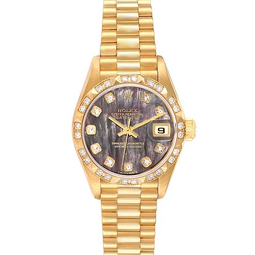 This image shows a front view of a Rolex President 79258 Women's Yellow Gold Mother of Pearl Dial 79258 Women's Yellow Gold Mother of Pearl Dial model watch, highlighting its gold case, black dial, and diamond hour markers.