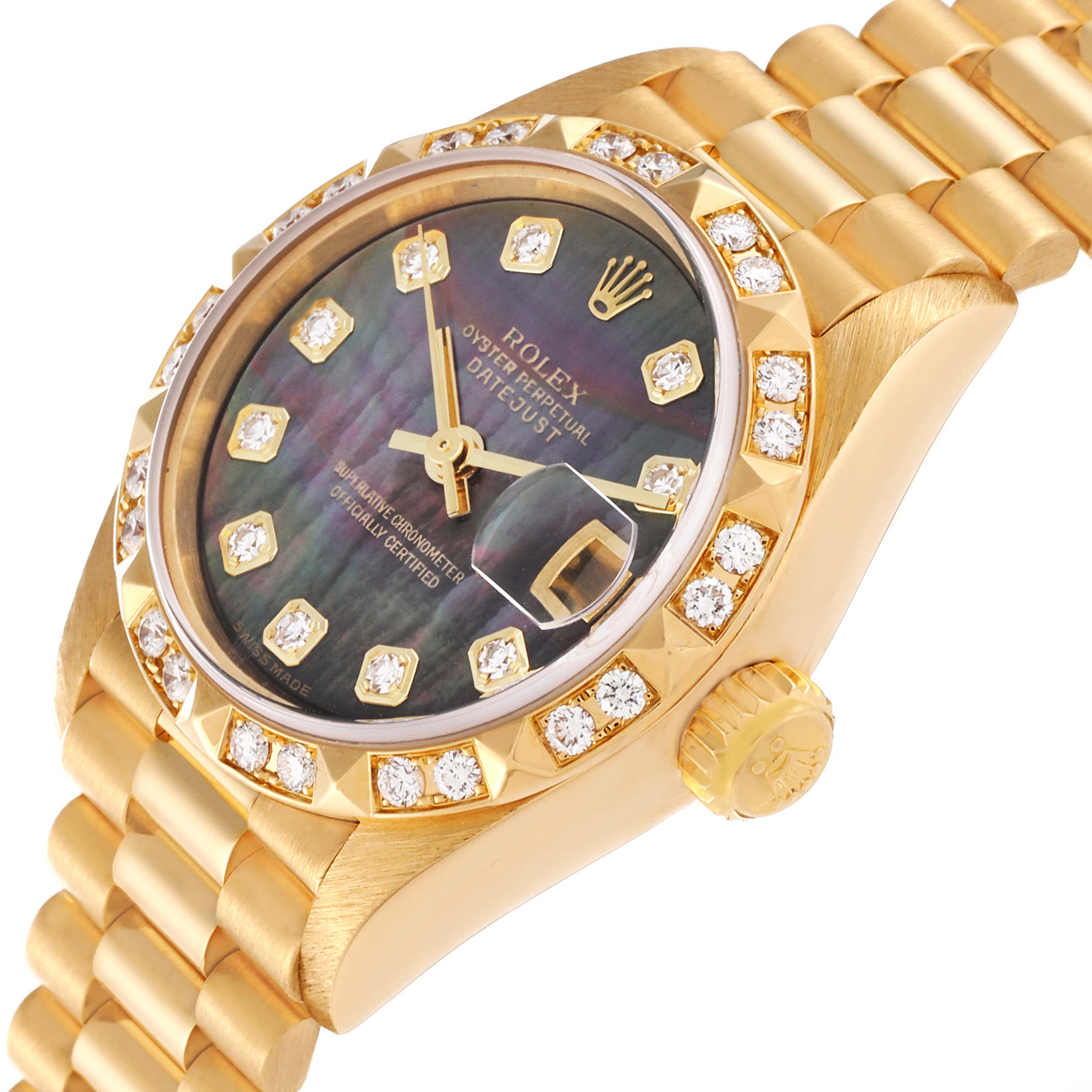 The image shows a close-up angled view of the Rolex President 79258 Women's Yellow Gold Mother of Pearl Dial 79258 Women's Yellow Gold Mother of Pearl Dial model watch, highlighting its dial, bezel, and bracelet.