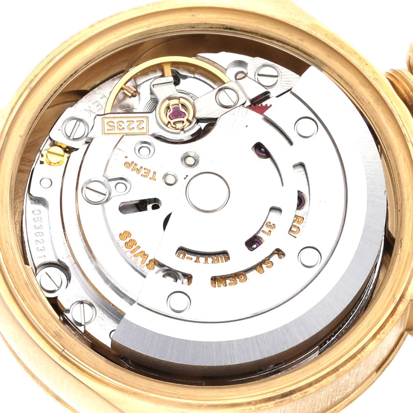 This image shows the intricate inner movement mechanism of a Rolex President 79258 Women's Yellow Gold Mother of Pearl Dial 79258 Women's Yellow Gold Mother of Pearl Dial model watch from a top-down angle.