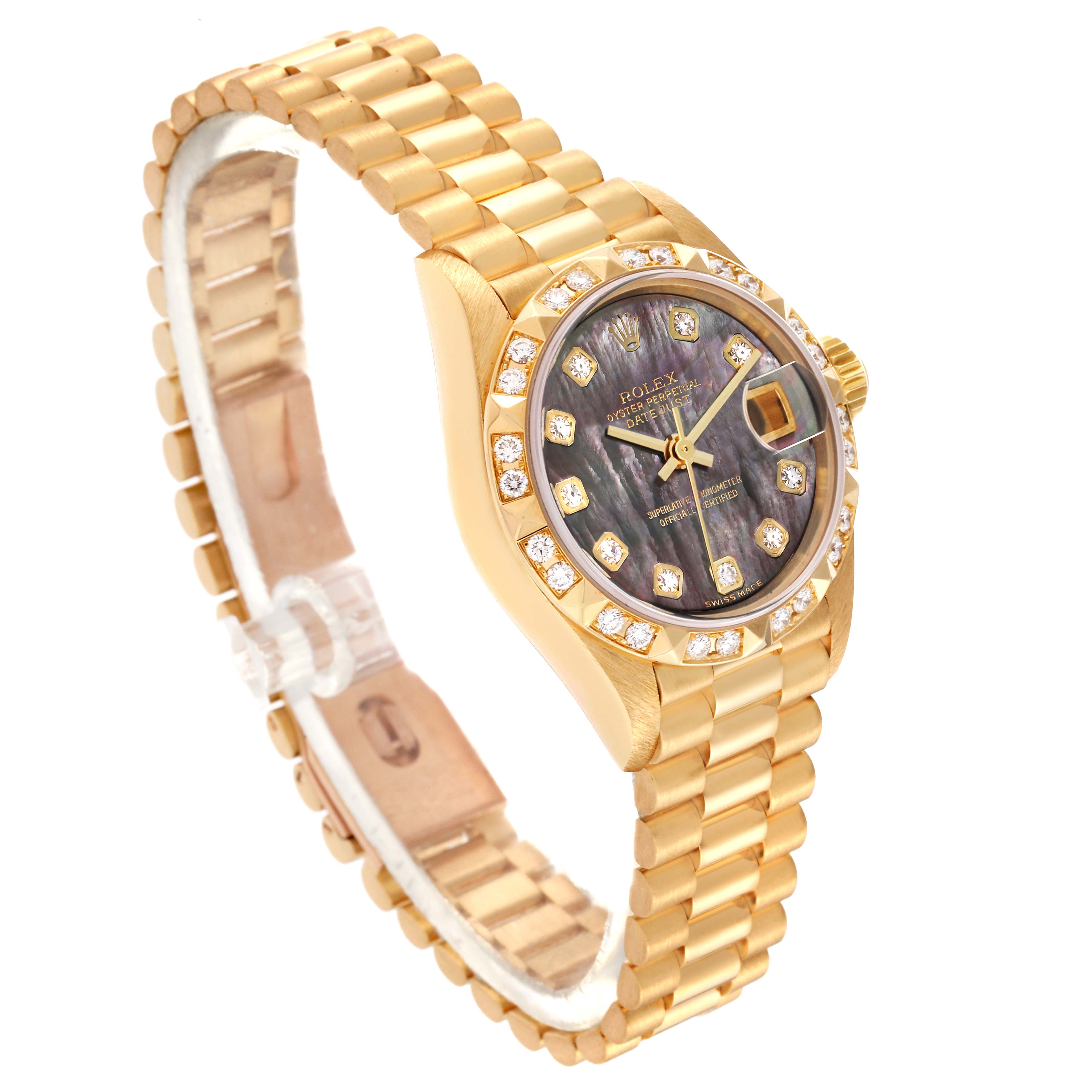 This image shows a side angle of a Rolex President 79258 Women's Yellow Gold Mother of Pearl Dial 79258 Women's Yellow Gold Mother of Pearl Dial model watch, highlighting the gold band, bezel with diamonds, dial, and case.