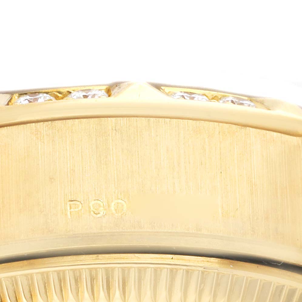 The image shows a close-up of the side and bezel of a Rolex President 79258 Women's Yellow Gold Mother of Pearl Dial 79258 Women's Yellow Gold Mother of Pearl Dial model watch.