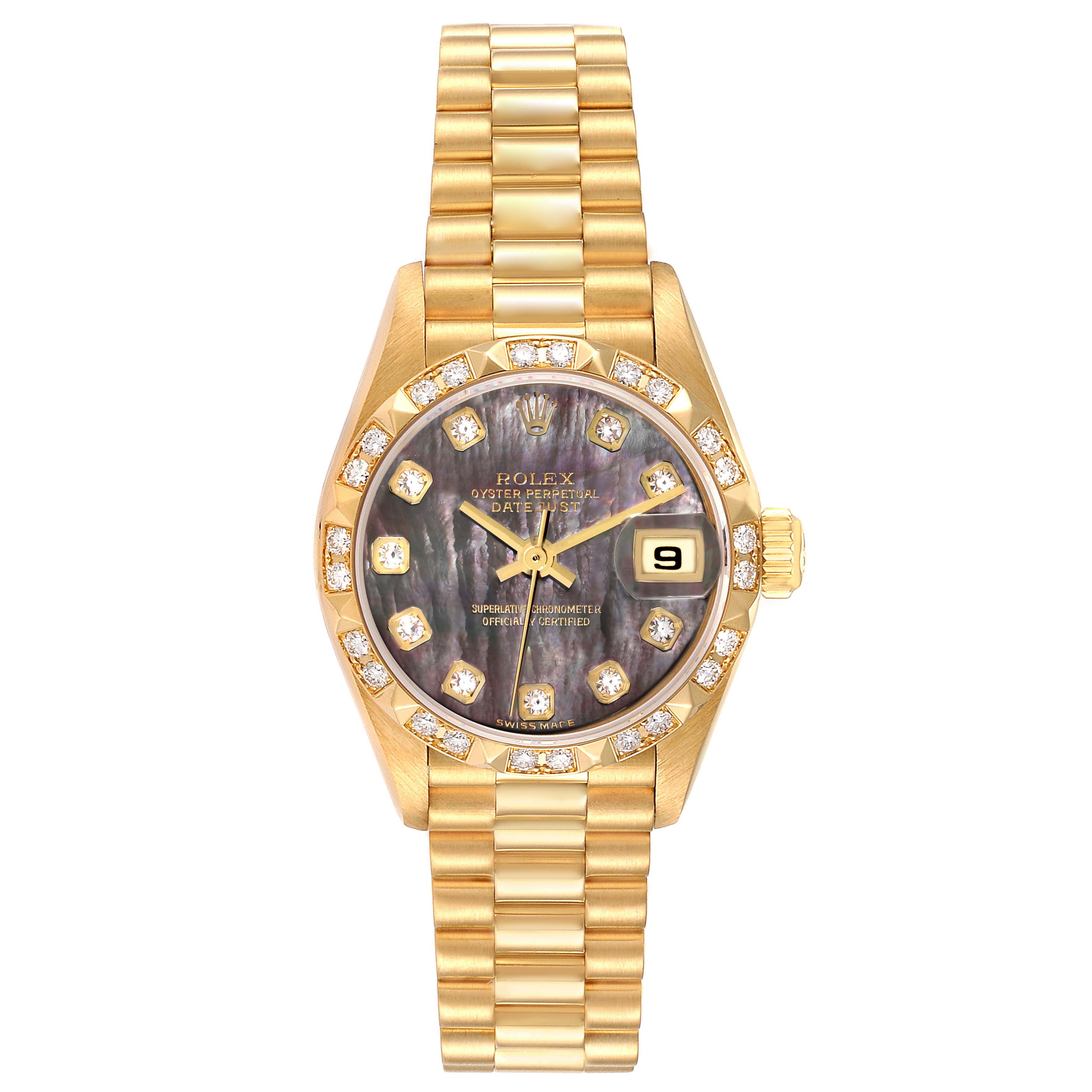 The image shows the Rolex President 79258 Women's Yellow Gold Mother of Pearl Dial 79258 Women's Yellow Gold Mother of Pearl Dial model watch from a front angle, highlighting the dial, bezel, bracelet, and crown.