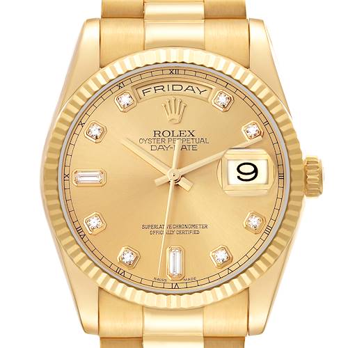The Rolex Date model 118238 is shown from a front angle, displaying the dial, bezel, hands, day and date windows, and part of the bracelet.