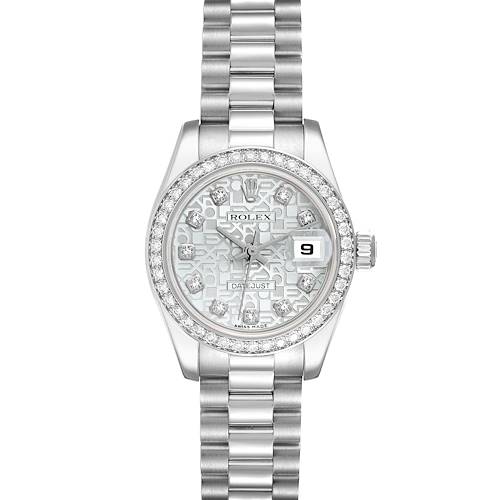 The image shows a front view of a Rolex President 179136 Women's Platinum Silver Dial 179136 Women's Platinum Silver Dial model featuring the dial, bezel, and bracelet.
