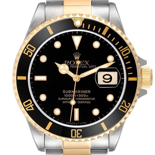 The Rolex Submariner model 16613 watch is shown from the front, displaying the black dial, gold bezel, hands, and part of the bracelet.