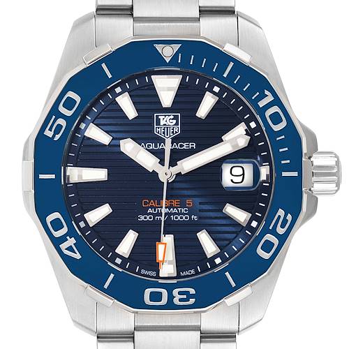 The image shows a front view of a Tag Heuer Aquaracer WAY211C.BA0928 Men's Stainless Steel Blue Dial WAY211C.BA0928 Men's Stainless Steel Blue Dial watch, displaying its blue dial and bezel, date window, and stainless steel band.