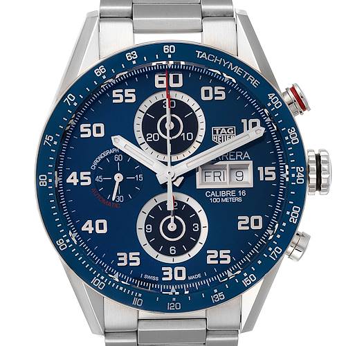 This image shows a front view of the Tag Heuer Carrera CV2A1V.BA0738 Men's Stainless Steel Blue Dial CV2A1V.BA0738 Men's Stainless Steel Blue Dial watch, showcasing its face, subdials, bracelet, and crown.