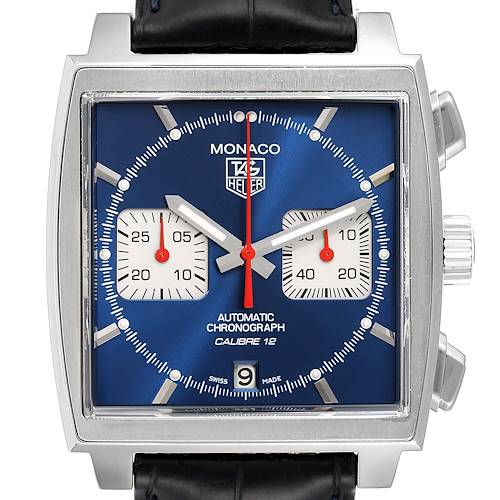 This is a front view of the Monaco model by Tag Heuer, showing the face, subdials, crown, and part of the strap.