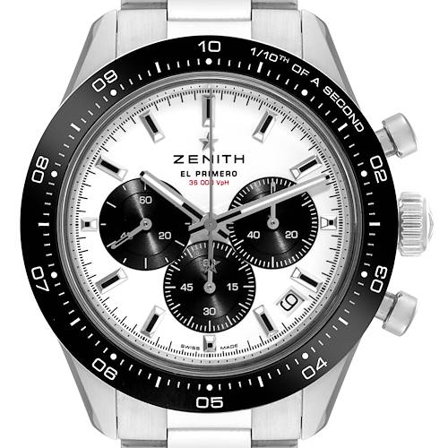 This is a front-facing view of the Zenith Chronomaster 03.3102.3600 Men's Stainless Steel White Dial 03.3102.3600 Men's Stainless Steel White Dial watch, displaying its bezel, dial, sub-dials, and crown.
