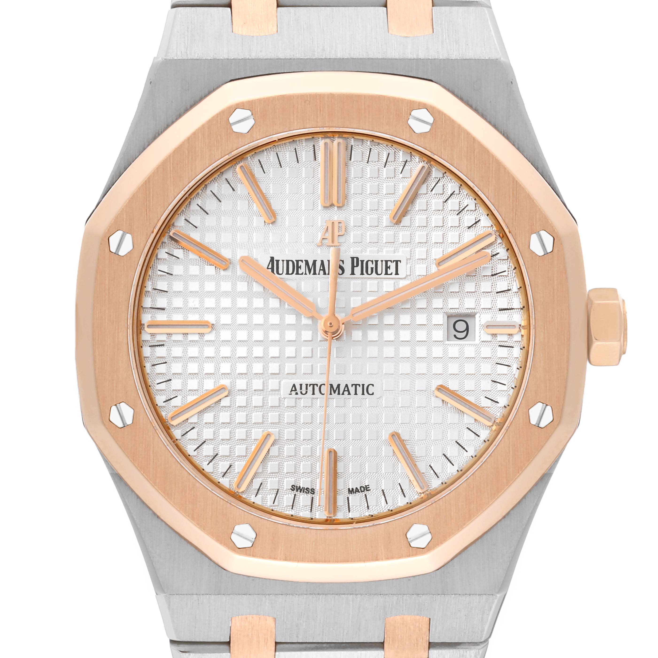 The image shows a front view of an Audemars Piguet Royal Oak 15400SR Men's Steel and Gold (two tone) Silver Dial 15400SR Men's Steel and Gold (two tone) Silver Dial watch, highlighting its dial, bezel, and part of the bracelet.
