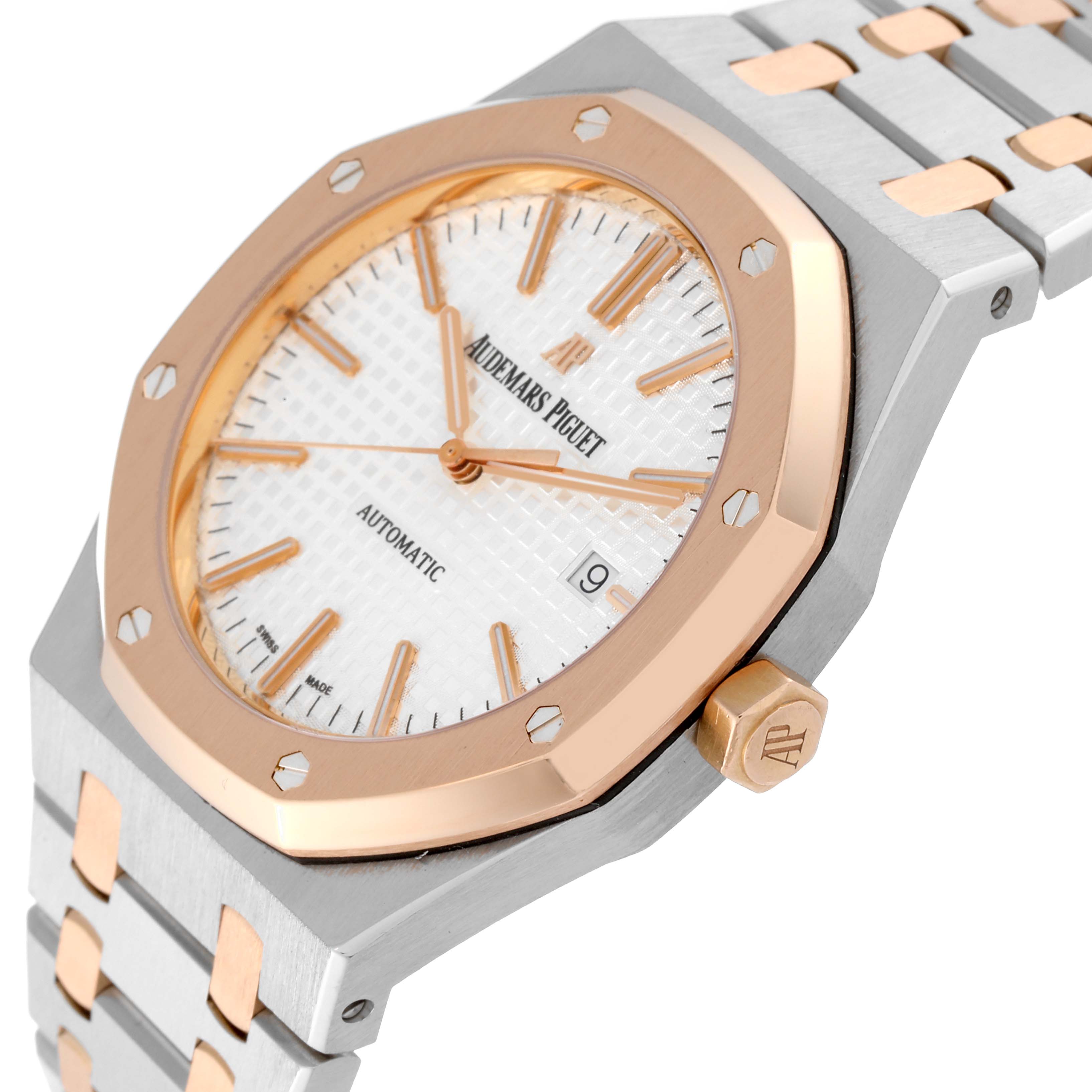 This image shows a close-up side angle of an Audemars Piguet Royal Oak 15400SR Men's Steel and Gold (two tone) Silver Dial 15400SR Men's Steel and Gold (two tone) Silver Dial watch, highlighting its bezel, dial, and crown.