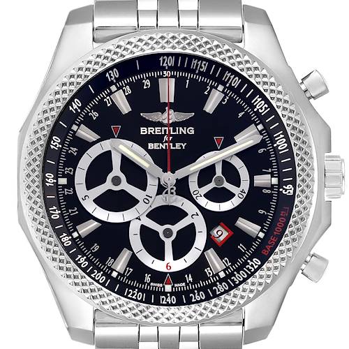 The image shows a Breitling Bentley A25366 Men's Stainless Steel Black Dial A25366 Men's Stainless Steel Black Dial watch from a front angle, displaying the dial, bezel, and part of the bracelet.