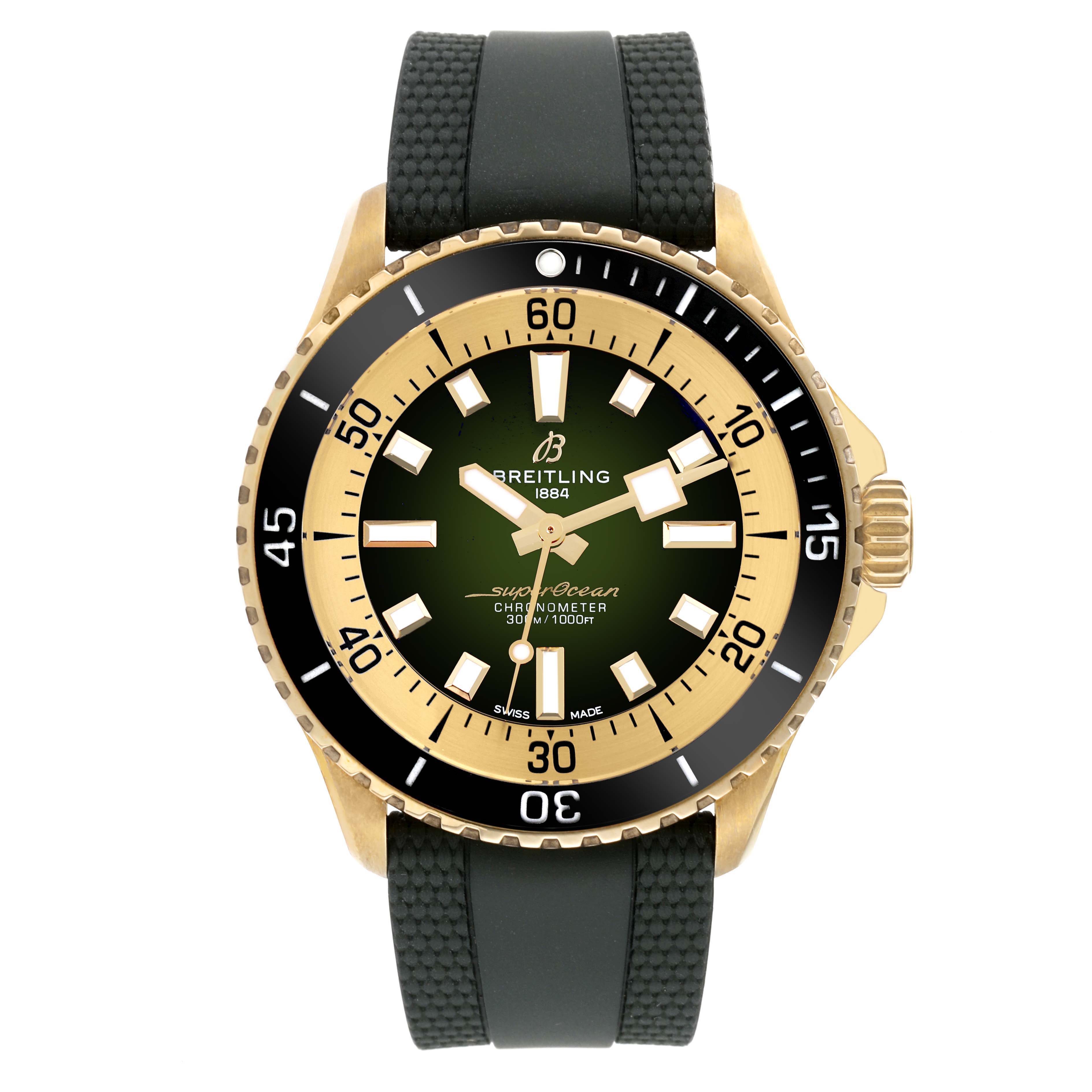 The image shows a frontal view of a Breitling Superocean N17375 Men's Yellow Gold Green Dial N17375 Men's Yellow Gold Green Dial watch, highlighting the dial, bezel, and strap.