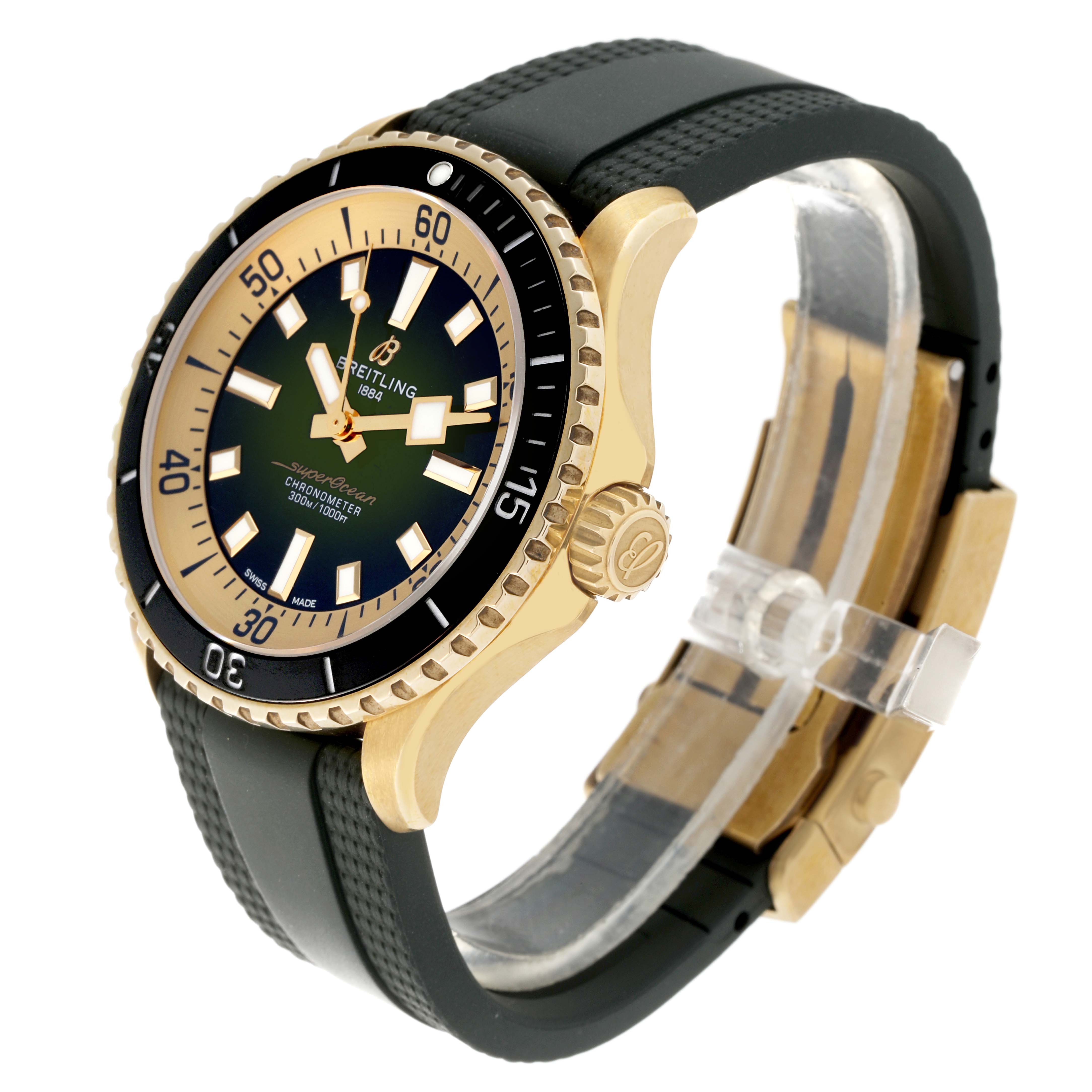 The image shows a Breitling Superocean N17375 Men's Yellow Gold Green Dial N17375 Men's Yellow Gold Green Dial watch from a side angle, displaying its bezel, crown, dial, and strap.