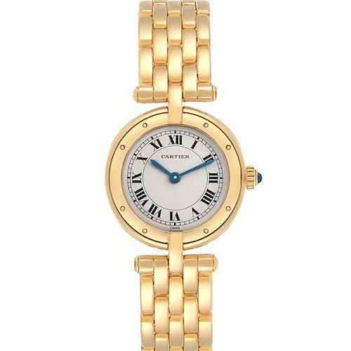 The Cartier Panthere model 72634 men's watch is shown from a top-down angle, highlighting its round face, Roman numerals, and gold link bracelet.