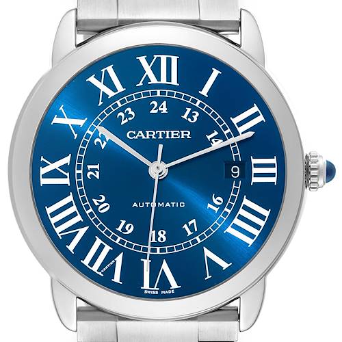The image shows a frontal close-up view of the Cartier Ronde WSRN0023 Men's Stainless Steel Blue Dial WSRN0023 Men's Stainless Steel Blue Dial watch face, displaying its blue dial, Roman numerals, and date window.