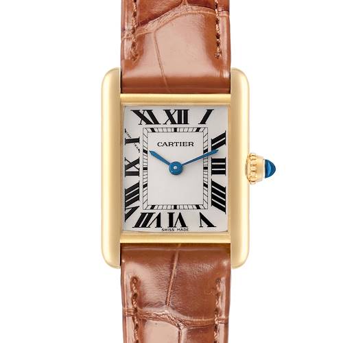 The Cartier Tank Louis W1529856 Women's Yellow Gold Silver Dial watch is shown from a front angle, highlighting its rectangular dial, gold case, Roman numerals, and brown leather strap.