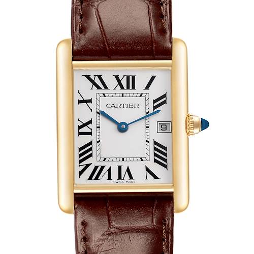 The Cartier Tank Louis W1529756 Men's Yellow Gold Silver Dial watch is shown from the front, displaying its rectangular face, Roman numerals, and leather strap.