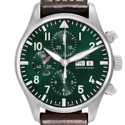 The image displays the IWC Pilot IW377726 Men's Stainless Steel Green Dial IW377726 Men's Stainless Steel Green Dial model watch face-on, showing its green dial, chronograph subdials, day-date display, and brown leather strap.