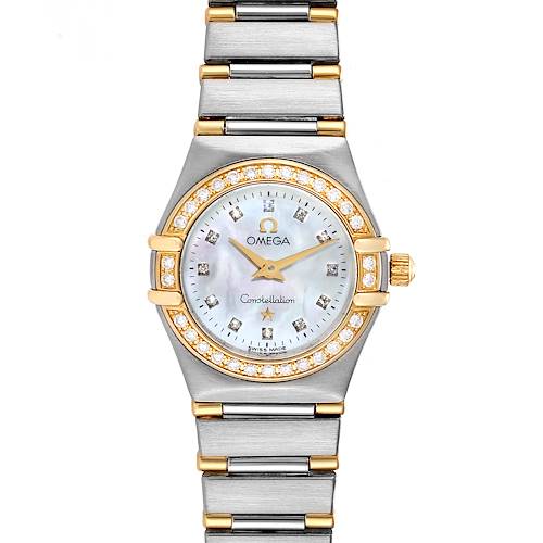 The Omega 1267.75.00 Women's Steel and Gold (two tone) Mother of Pearl Dial 1267.75.00 Women's Steel and Gold (two tone) Mother of Pearl Dial Constellation 95 Mother of Pearl Diamond Ladies Watch model 1267.75.00 is shown from the front, highlighting the watch face, bezel, and bracelet.