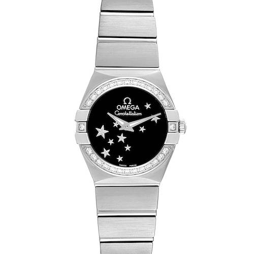 The image shows a frontal view of the Omega 123.15.24.60.01.001 Women's Stainless Steel Black Dial 123.15.24.60.01.001 Women's Stainless Steel Black Dial Constellation Orbis Star Steel Diamond Watch 123.15.24.60.01.001, showcasing its bezel, dial, and bracelet.