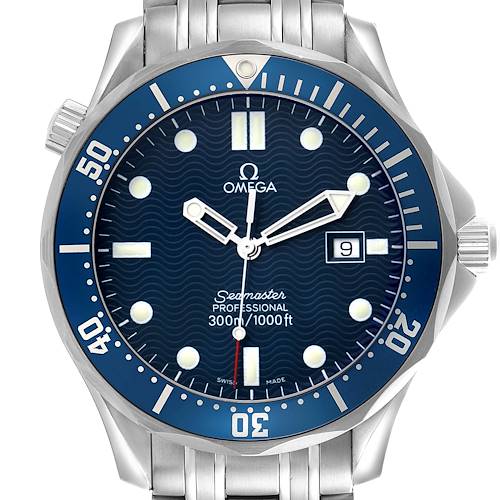 The Omega Seamaster 2541.80.00 Men's Stainless Steel Blue Dial watch is shown from the front, highlighting the dial, bezel, case, and bracelet.