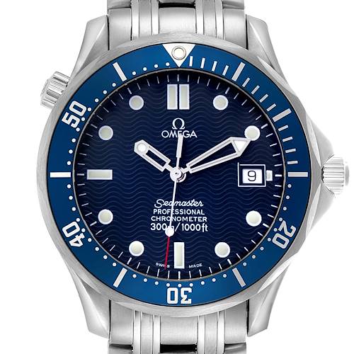 The Omega Seamaster 2531.80.00 Men's Stainless Steel Blue Dial watch is shown from the front, displaying its blue dial, bezel, hands, date window, and stainless steel bracelet.